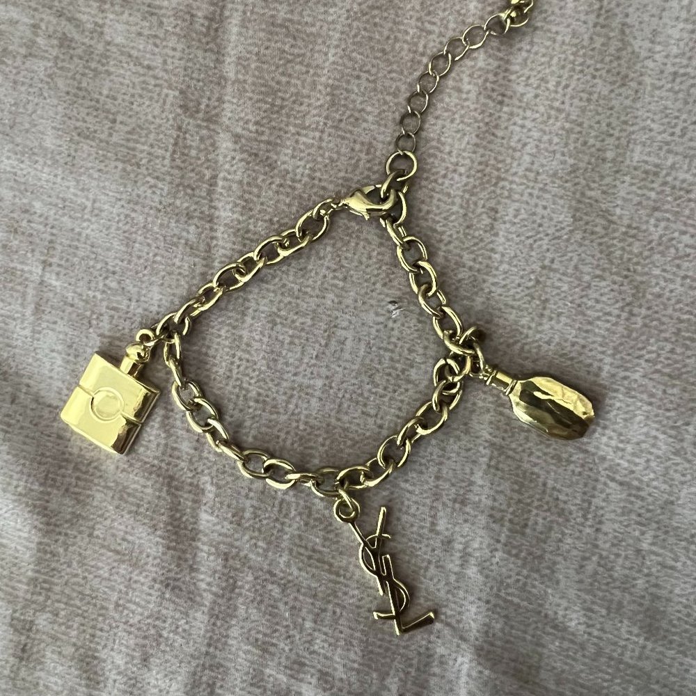 YSL Women's Vintage 3- Charms Gold Tone Bracelet with Iconic Logo -